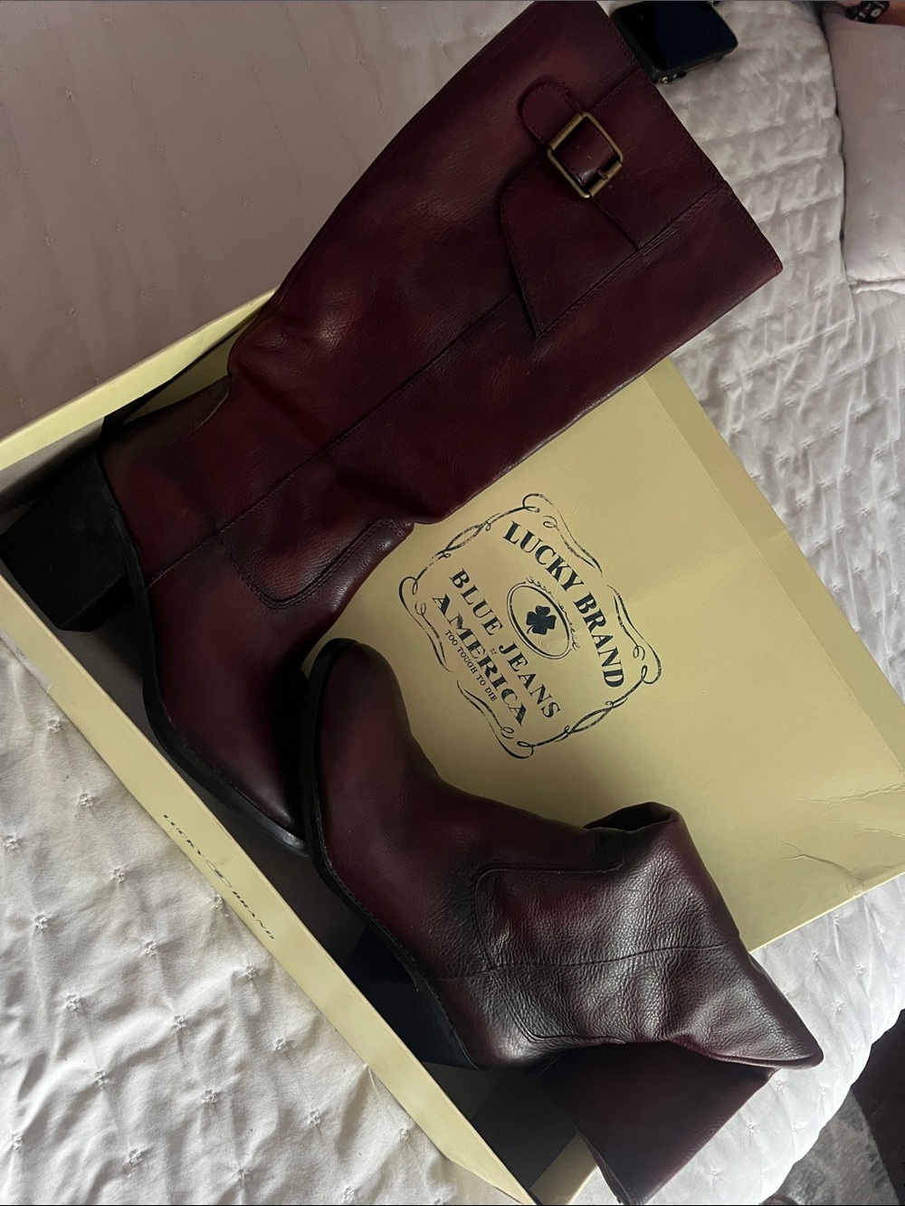 Lucky Brand Men's Deep Burgundy Leather Western Boots with Buckle